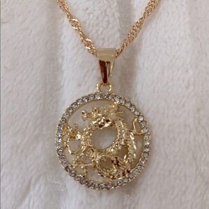 Gold Crystal Halo Dragon Pendant Necklace
